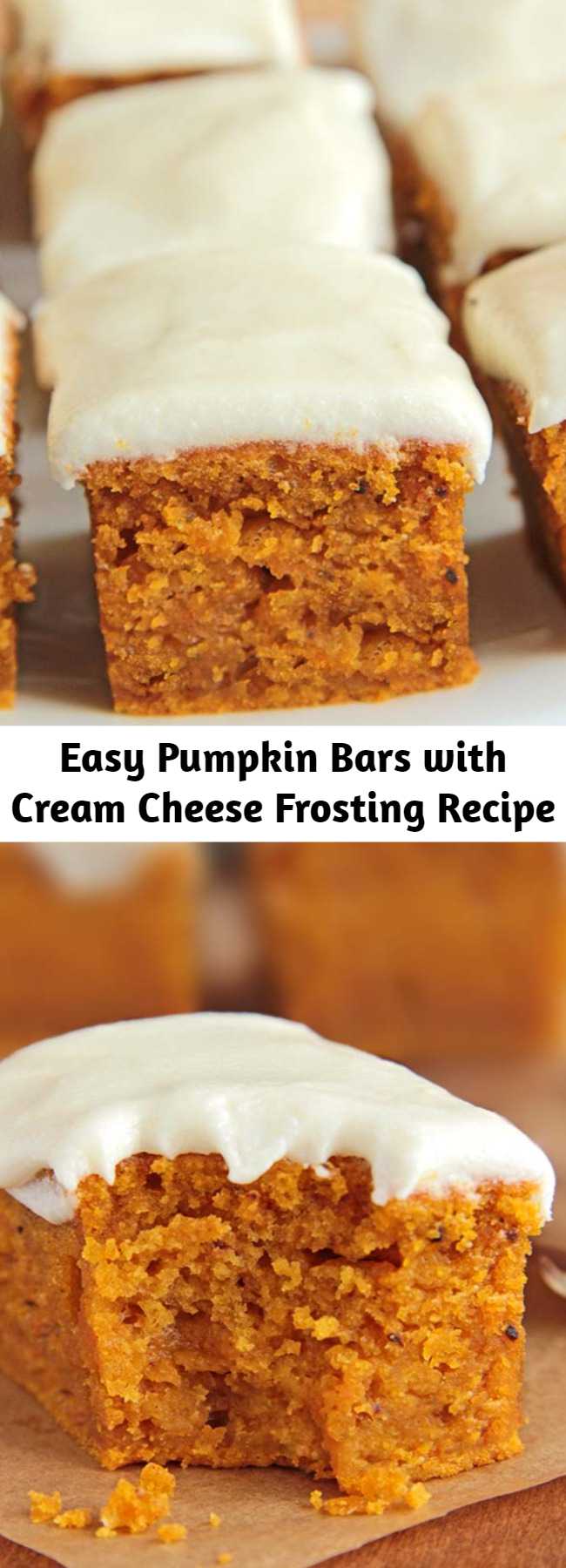 Easy Pumpkin Bars with Cream Cheese Frosting Recipe - A perfect fall dessert, delicious pumpkin bars with cream cheese frosting. These pumpkin pie bars are a delicious cross between a quick bread and a delicate cake, loaded with pumpkin and topped with a delicate cream cheese frosting.