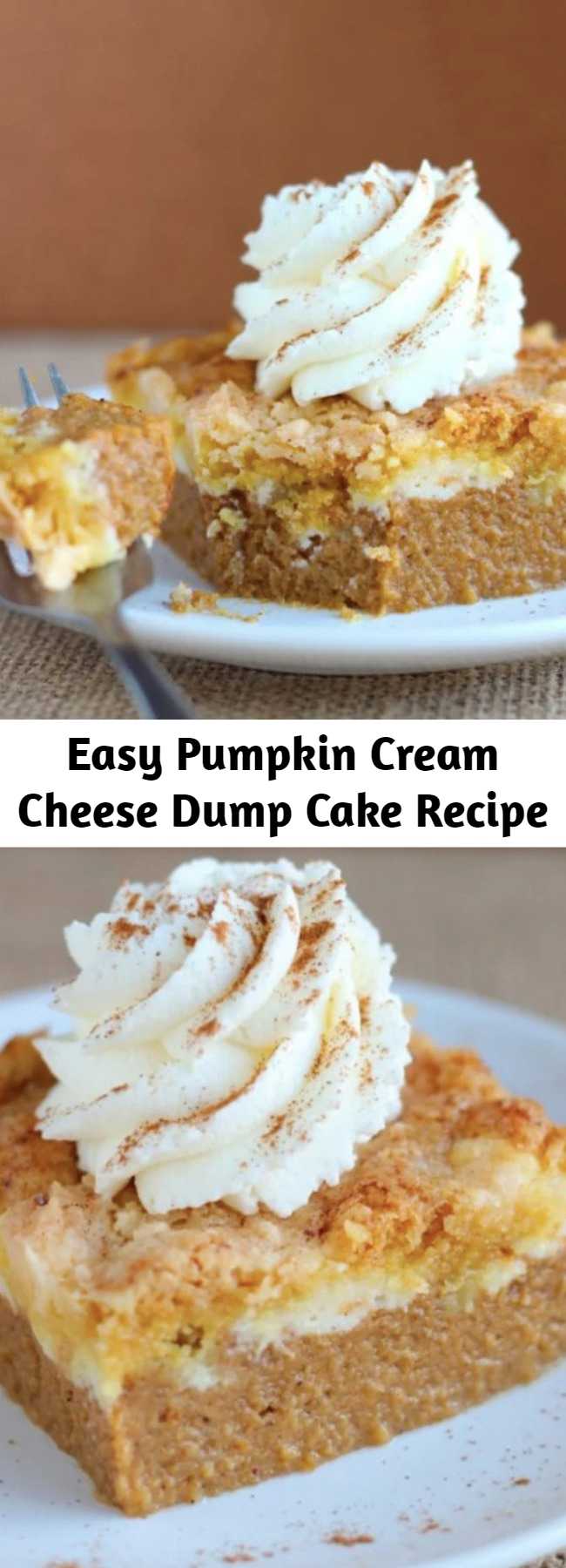 Easy Pumpkin Cream Cheese Dump Cake Recipe - BETTER and way easier than pumpkin pie! This Pumpkin Cream Cheese Dump Cake is the best way to serve pumpkin pie to a crowd!