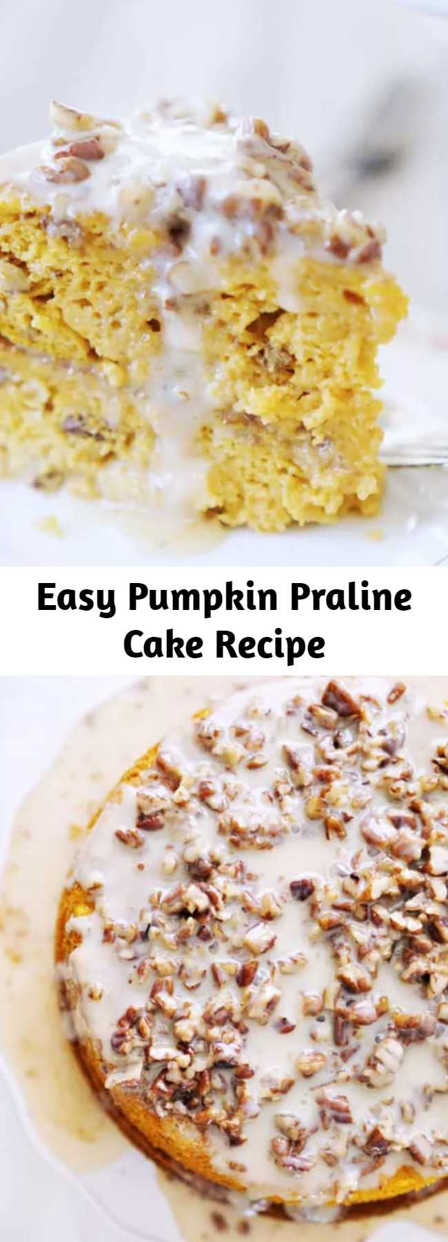 Easy Pumpkin Praline Cake Recipe - The most indulgent icing on the planet poured over a heavenly, moist, decadent and flavor packed Pumpkin Praline Cake. The EASIEST pumpkin cake recipe EVER!