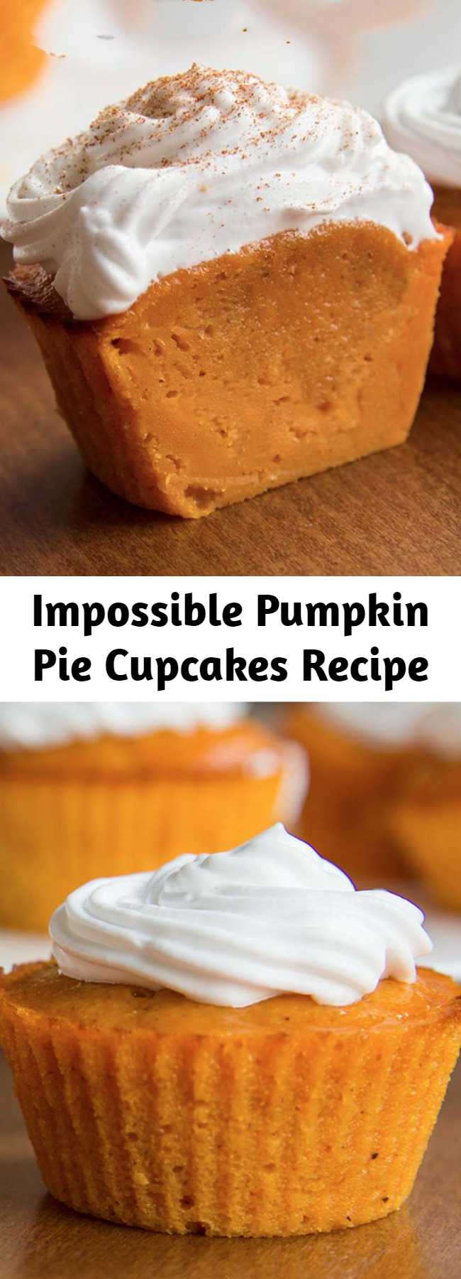 Impossible Pumpkin Pie Cupcakes Recipe - Impossible Perfect Fall treat! De-lic-ious Pumpkin Pie Cupcakes. They taste just like pumpkin pie filling, but are sturdy enough to eat with your hands. You’ll love these because they’re not overly sweet, and they’re pumpkin-y without being overpowering, plus the batter is crazy easy to make too. #recipes #pumpkin #cupcakes