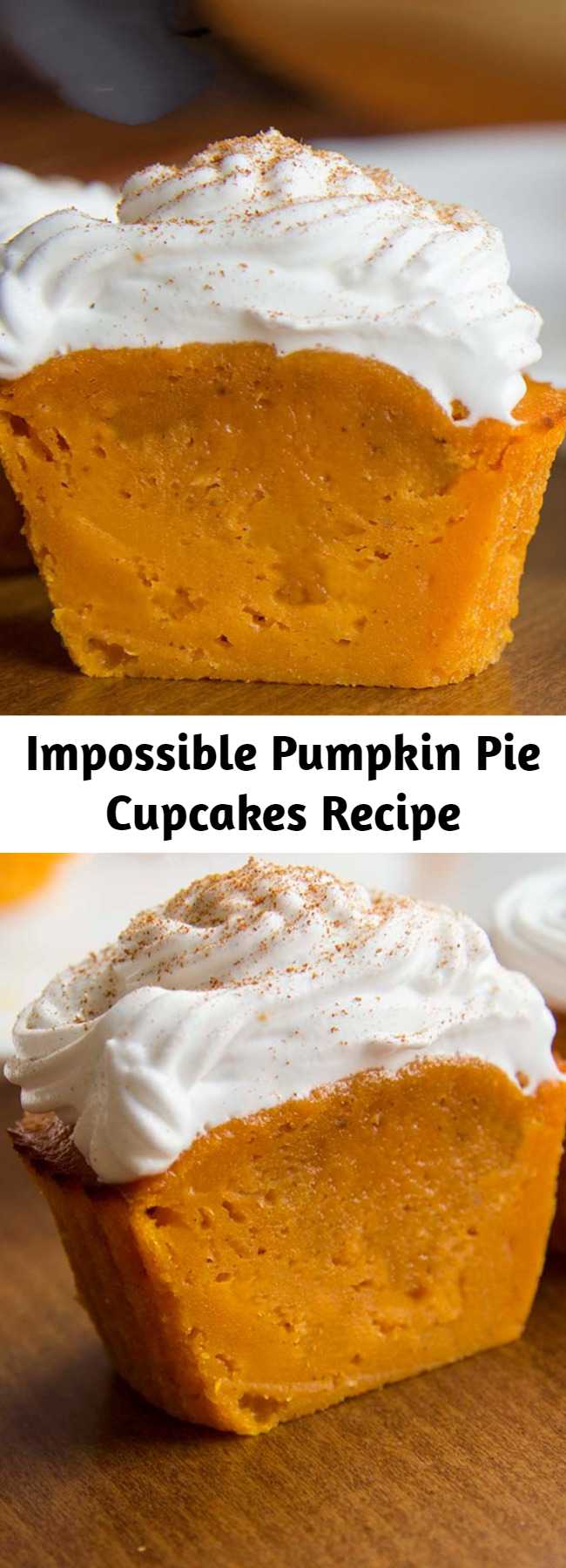 Impossible Pumpkin Pie Cupcakes Recipe - Impossible Perfect Fall treat! De-lic-ious Pumpkin Pie Cupcakes. They taste just like pumpkin pie filling, but are sturdy enough to eat with your hands. You’ll love these because they’re not overly sweet, and they’re pumpkin-y without being overpowering, plus the batter is crazy easy to make too. #recipes #pumpkin #cupcakes