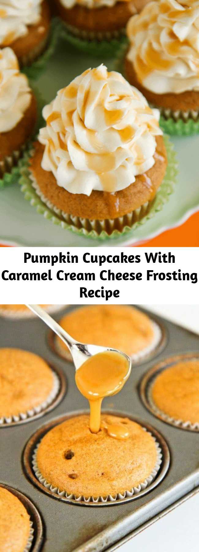 Pumpkin Cupcakes With Caramel Cream Cheese Frosting Recipe - A delicious blend of pumpkin, caramel and cream cheese, these pumpkin cupcakes are a perfect fall dessert. If you love pumpkin, put these on your baking list. They are DELISH!