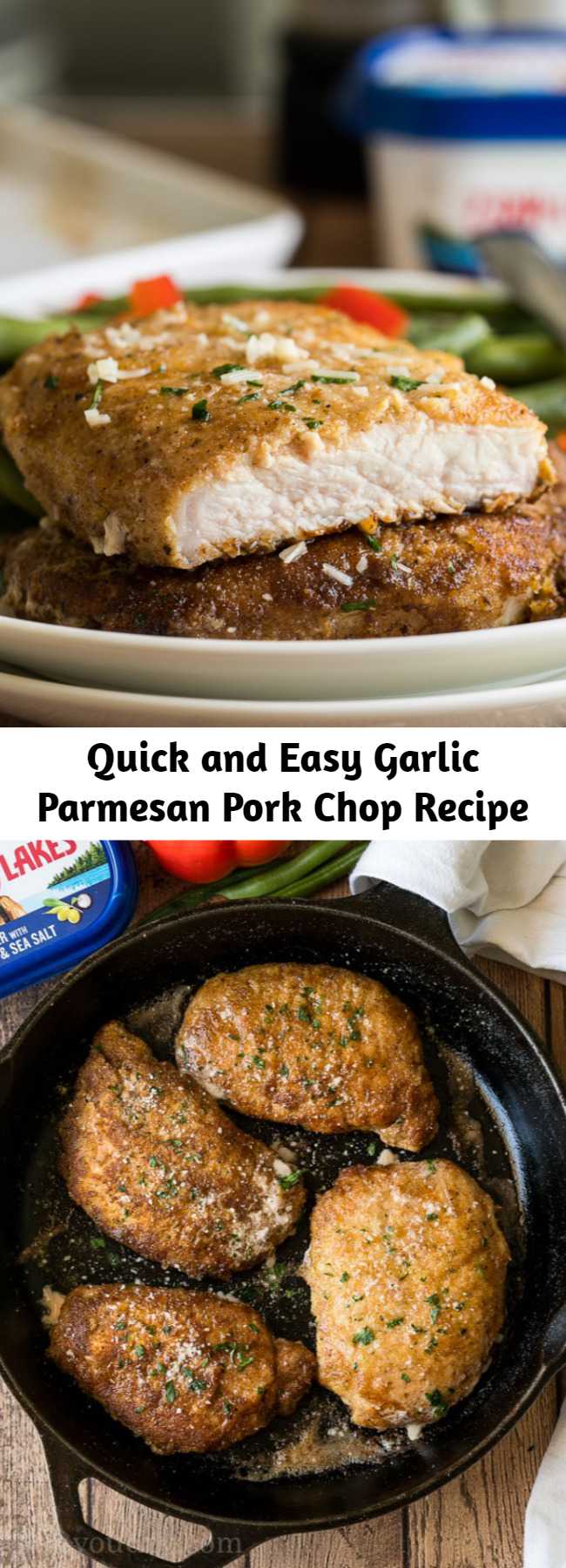 Quick and Easy Garlic Parmesan Pork Chop Recipe - This Garlic Parmesan Pork Chop Recipe is super quick and easy to make with a crispy Parmesan crust on the outside.