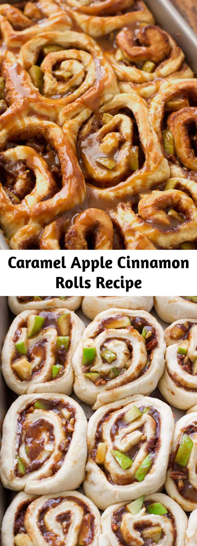 Caramel Apple Cinnamon Rolls Recipe - Caramel apple cinnamon rolls stuffed with cinnamon, brown sugar, caramel, granny-smith apples and drizzled with apple cider caramel sauce and pecans. My cinnamon rolls have the most wonderful, bakery-style buttery flavor! These apple cinnamon rolls are the perfect fall treat!