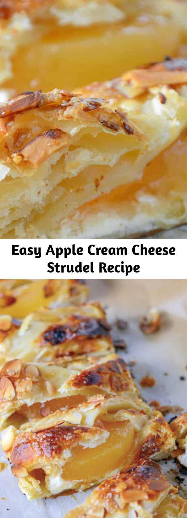 Easy Apple Cream Cheese Strudel Recipe - Pastry isn’t as challenging as you might think! My Easy Apple Cream Cheese Strudel uses only 6 ingredients and 10 minutes to prepare for a fancy-pants breakfast or dessert! #applestrudel #easystrudelrecipe