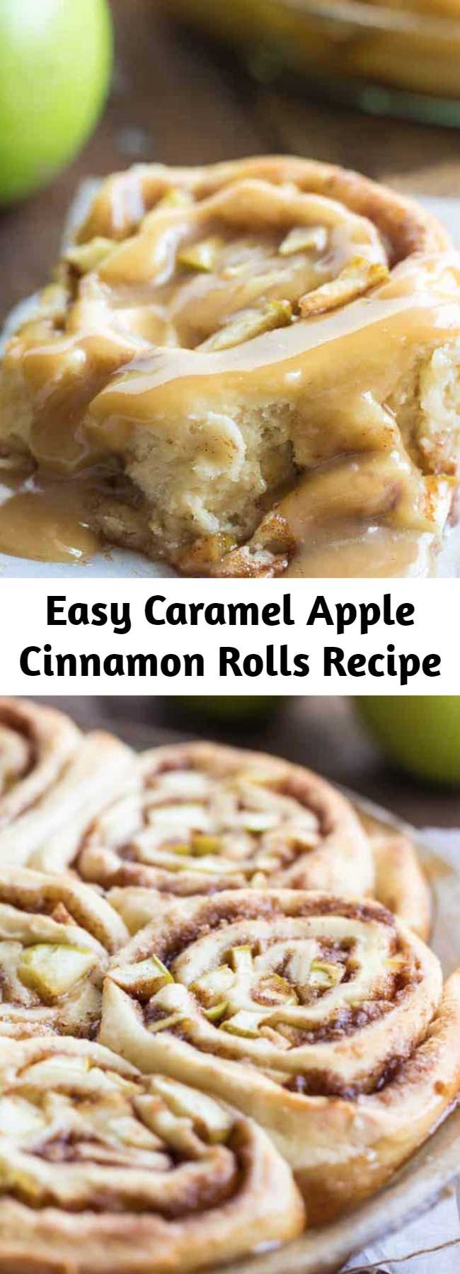Easy Caramel Apple Cinnamon Rolls Recipe - Caramel Apple Cinnamon Rolls are a quick and easy cinnamon roll stuffed with real apples and drizzled with caramel. Ready within an hour!