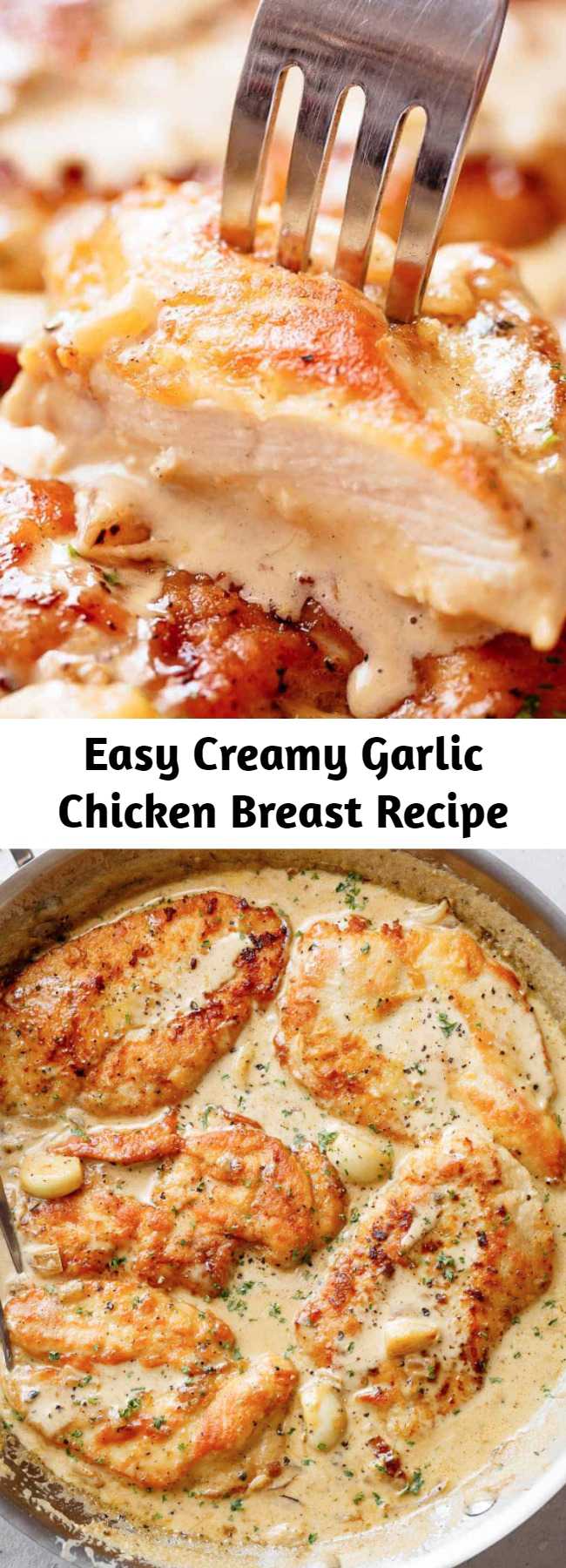 Easy Creamy Garlic Chicken Breast Recipe - Lightly floured boneless chicken breasts are pan fried in until golden and crispy before being added to a mouth-watering garlic cream sauce! Filled with caramelized flavour, you will LOVE how easy this is!