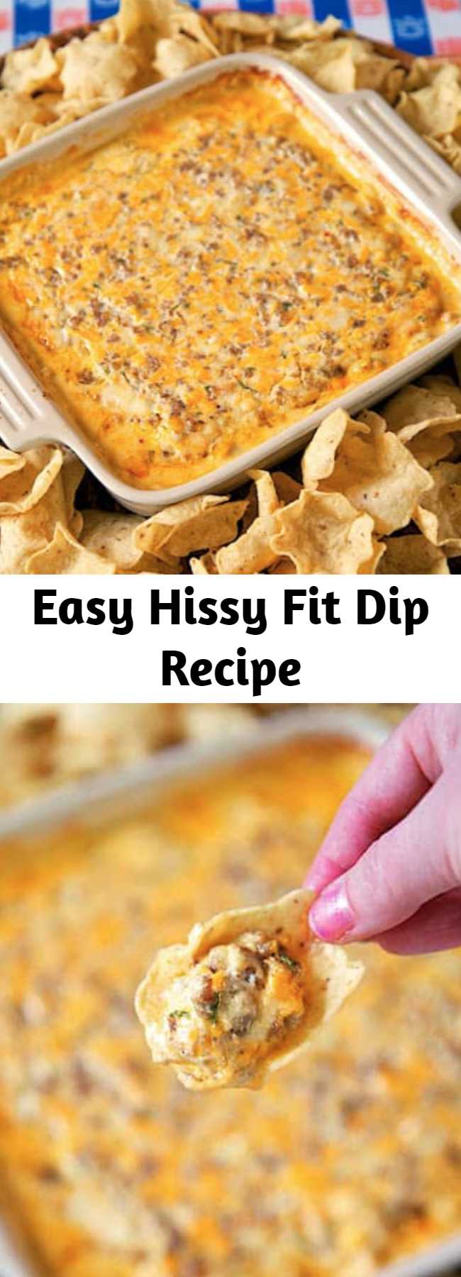 Easy Hissy Fit Dip Recipe - Sausage, sour cream, Velveeta, muenster, onion and garlic powder, Worcestershire sauce and parsley – SO good. You will definitely throw a hissy fit if you miss out on this dip! Crazy good! Can mix together and refrigerate a day before baking. Serve with chips and veggies! It is always gone in a flash!