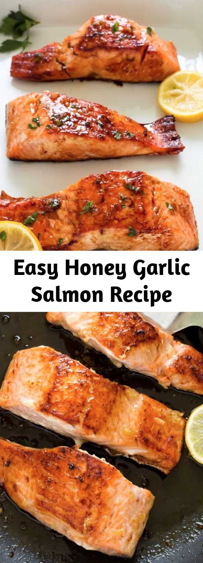 Easy Honey Garlic Salmon Recipe - Easy Honey Garlic Salmon. Pan fried and served with a sweet and sticky honey lemon glaze. Only 5 ingredients and ready in less than 20 minutes! This salmon is perfect for busy weeknight dinners! #recipe #honey #garlic #glazed #salmon #seafood