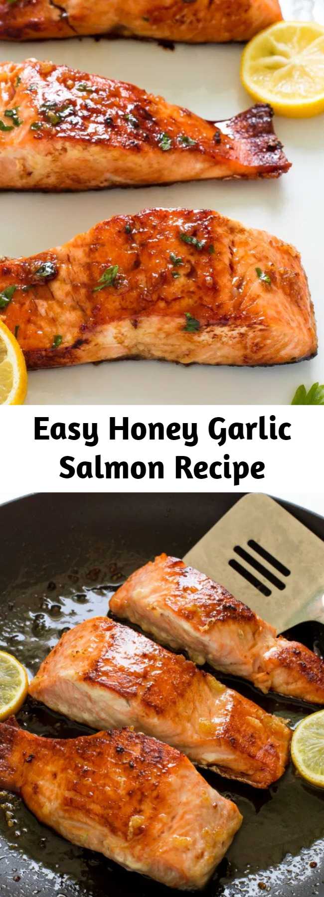 Easy Honey Garlic Salmon Recipe - Easy Honey Garlic Salmon. Pan fried and served with a sweet and sticky honey lemon glaze. Only 5 ingredients and ready in less than 20 minutes! This salmon is perfect for busy weeknight dinners! #recipe #honey #garlic #glazed #salmon #seafood