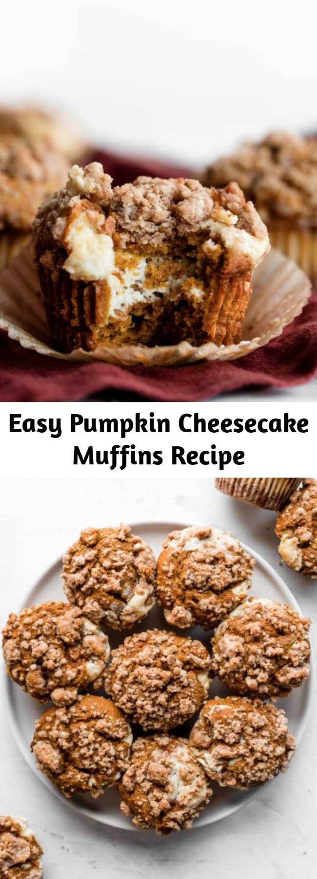 Easy Pumpkin Cheesecake Muffins Recipe - Like a delicious pumpkin roll, these pumpkin cheesecake muffins combine perfectly spiced pumpkin muffins with cream cheese filling. Top the muffins with brown sugar crumb cake topping and you have an absolutely irresistible pumpkin spice breakfast treat.