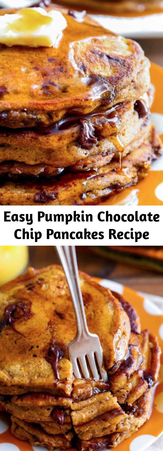 Easy Pumpkin Chocolate Chip Pancakes Recipe - These pumpkin chocolate chip pancakes are the epitome of a cozy fall breakfast! Moist and fluffy, they’re wonderful with a pat of butter and a cascade of maple syrup. You’ll love starting fall mornings with a happy stack of these thick, and flavorful pumpkin pancakes.