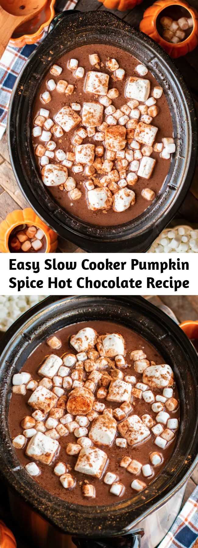 Easy Slow Cooker Pumpkin Spice Hot Chocolate Recipe - Pumpkin Spice Hot Chocolate easily made in the slow cooker! It's a delicious party drink that you and your guests will love.