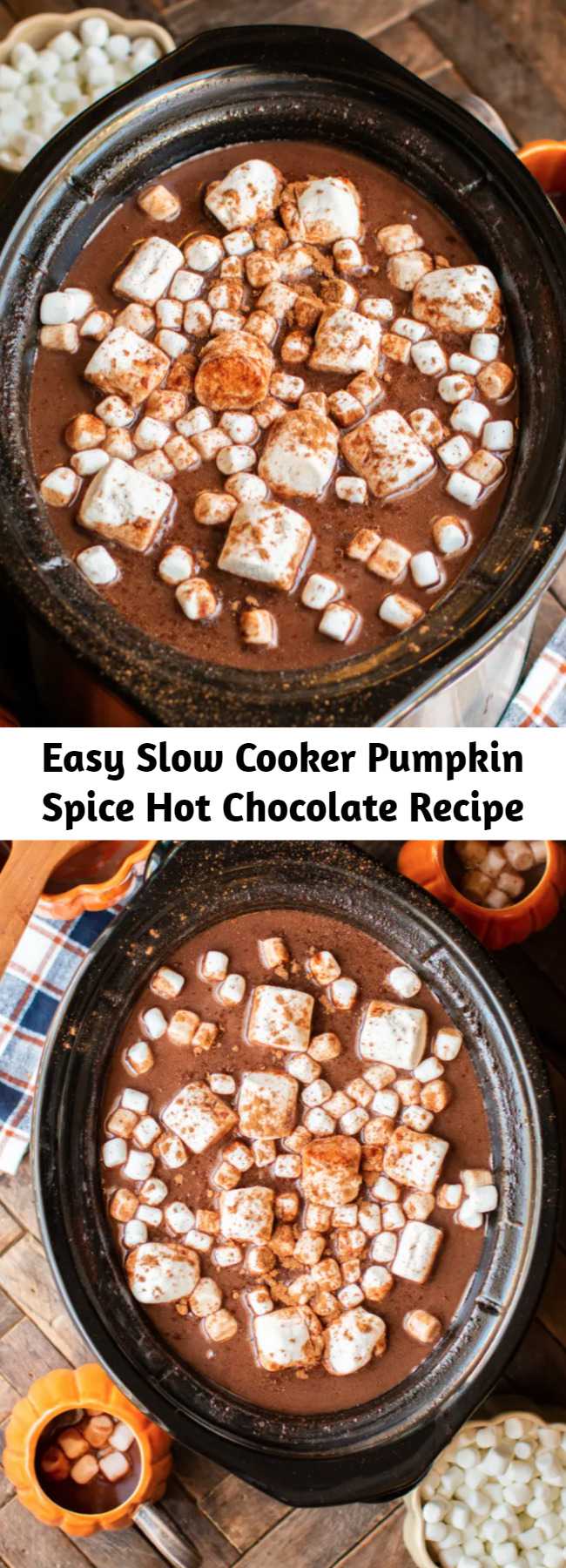 Easy Slow Cooker Pumpkin Spice Hot Chocolate Recipe - Pumpkin Spice Hot Chocolate easily made in the slow cooker! It's a delicious party drink that you and your guests will love.