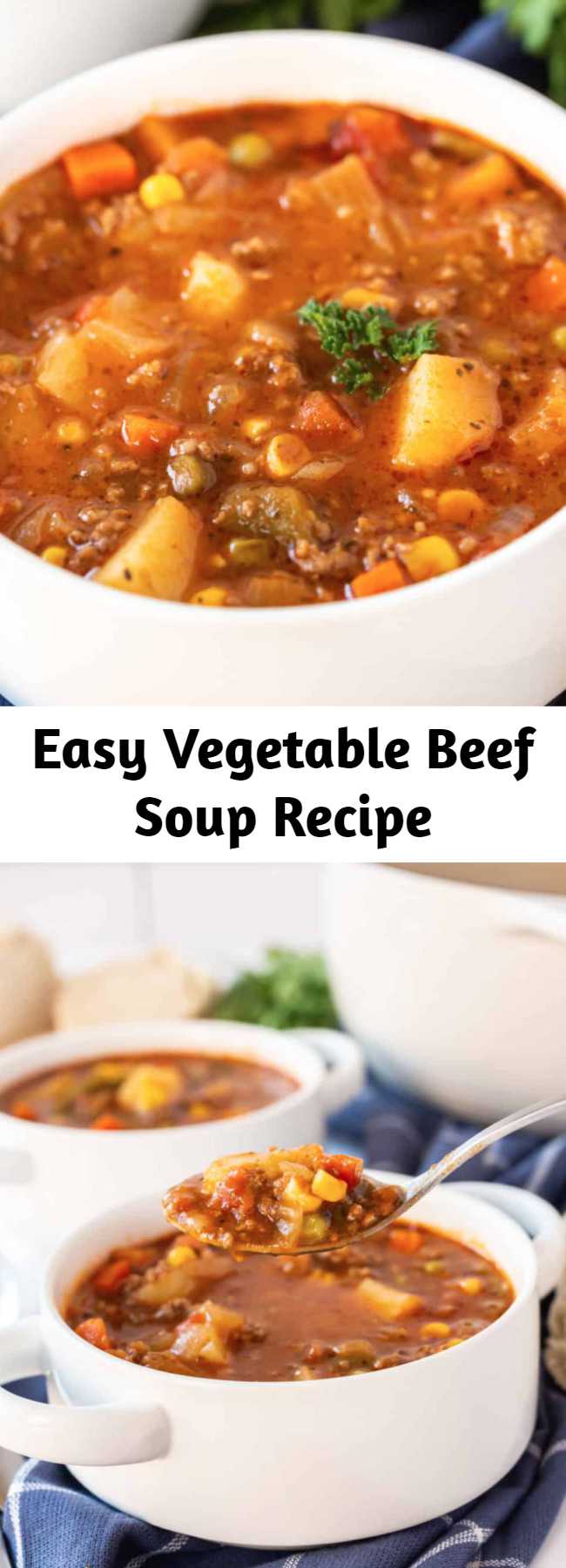 Easy Vegetable Beef Soup Recipe - When it comes to comfort this Vegetable Beef Soup is where it's at. With a short list of ingredients this easy soup is delicious, hearty and satisfies the family! #soup #beef #hearty #recipes #delicious #recipe #tasty #easyrecipe
