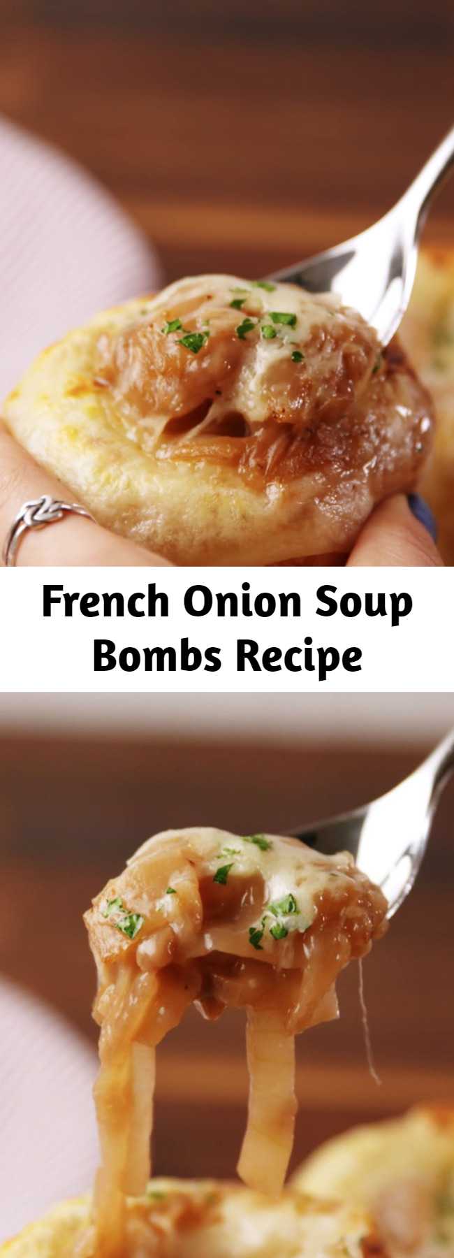 French Onion Soup Bombs Recipe - Mini bread bowls are SO CUTE. #easy #recipe #soup #mini #bites #bombs #frenchonion #onion #winter #appetizer