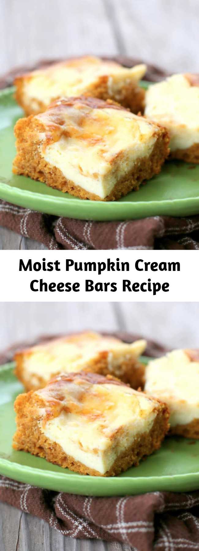 Moist Pumpkin Cream Cheese Bars Recipe - These Pumpkin Cream Cheese Bars are moist pumpkin bars with swirls of cream cheese frosting throughout. This dessert will be on your fall treat recipe list every year.