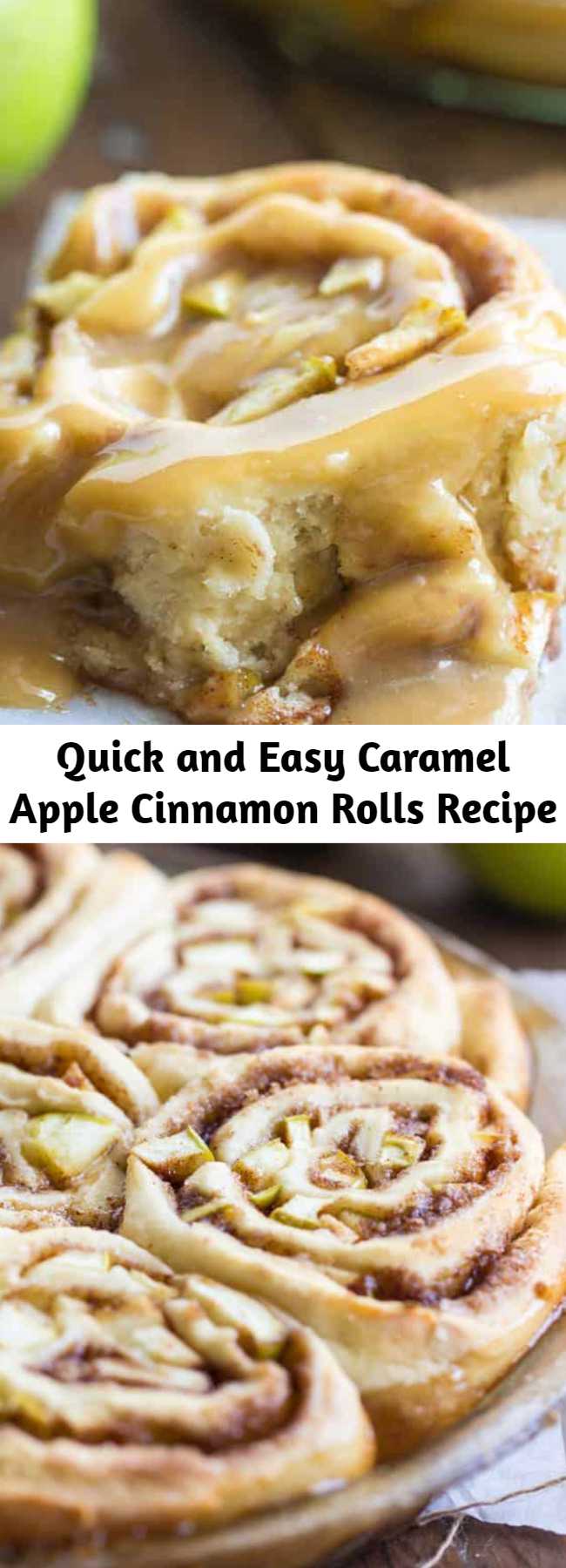 Quick and Easy Caramel Apple Cinnamon Rolls Recipe - Caramel Apple Cinnamon Rolls are a quick and easy cinnamon roll stuffed with real apples and drizzled with caramel. Ready within an hour!