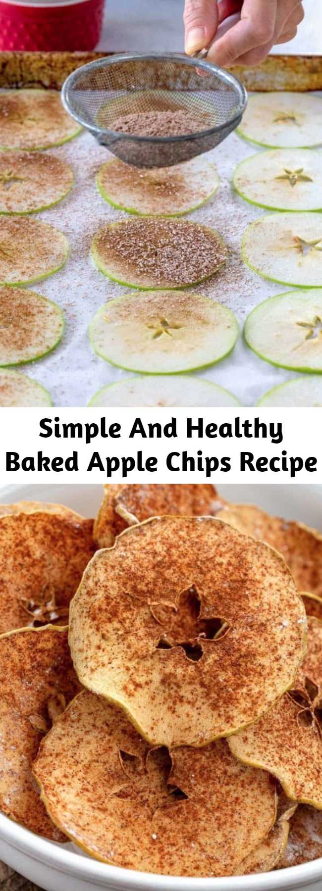 Simple And Healthy Baked Apple Chips Recipe - Chose your favorite apple variety to make these simple and healthy baked cinnamon apple chips! Cinnamon enhances the flavor while cutting the apples into thin slices, and baking at a low oven temperature for a few hours ensures super crispy chips. These crisp apple chips are delicious and addicting, without the guilt!