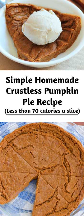 Simple Homemade Crustless Pumpkin Pie Recipe - This simple homemade crustless pumpkin pie is so unbelievably delicious, vegan, gluten free, and oil free. Great for Fall parties. You'll never miss all the fat and calories! You could actually eat the entire 8 servings of pie and still consume less fat and fewer calories than if you ate just one slice of many traditional pies! #recipe #vegan #glutenfree #healthy #party