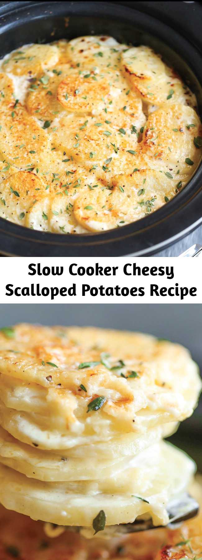 Slow Cooker Cheesy Scalloped Potatoes Recipe - This crockpot version of scalloped potatoes is so EASY, creamy, tender and cheesy! And it frees up your oven space!