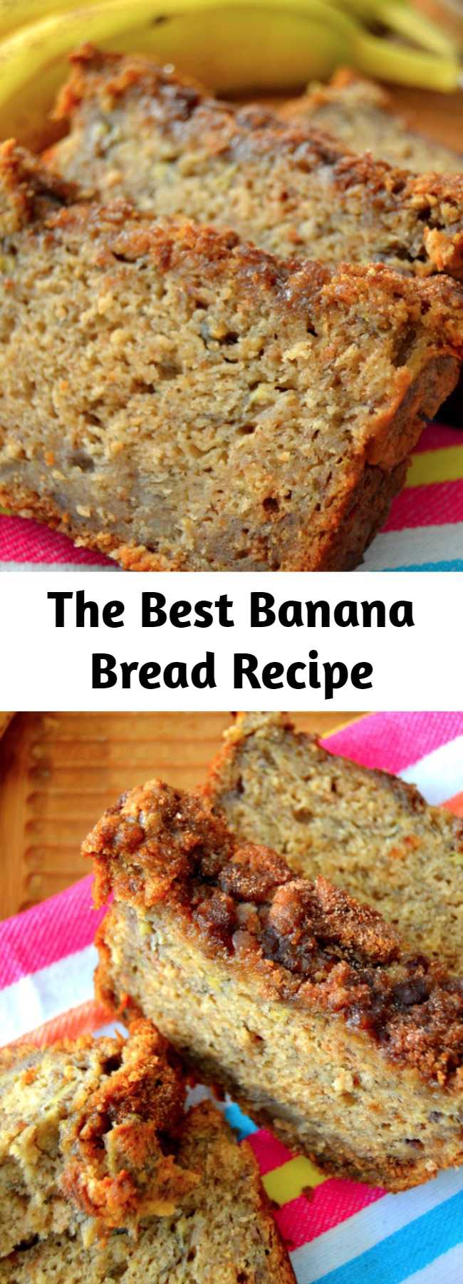 The Best Banana Bread Recipe - If you're tired of eating crumbly, dry, flavorless banana bread, you're in luck: this recipe is bursting with fresh bananas, is swirled with bits of cinnamon and is topped with the most irresistible brown sugar crust. Super soft and tender, moist without being wet.