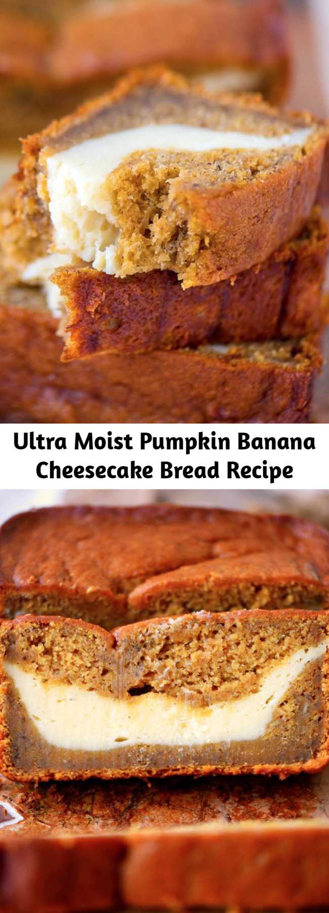 Ultra Moist Pumpkin Banana Cheesecake Bread Recipe - This Pumpkin Cheesecake Banana Bread is perfect for dessert but also doubles as an amazing breakfast...or snack...or lunch. It's pretty amazing no matter what time you eat it! Ultra moist and bursting with pumpkin flavor!