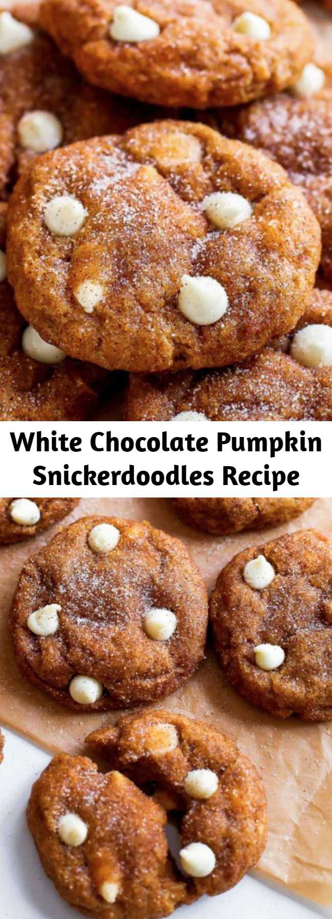 White Chocolate Pumpkin Snickerdoodles Recipe - These soft & chewy snickerdoodle cookies are full of pumpkin, white chocolate, and cinnamon sugar. Everything you love about snickerdoodle cookies and pumpkin pie in one. Warning: they disappear quickly, so make a double batch!