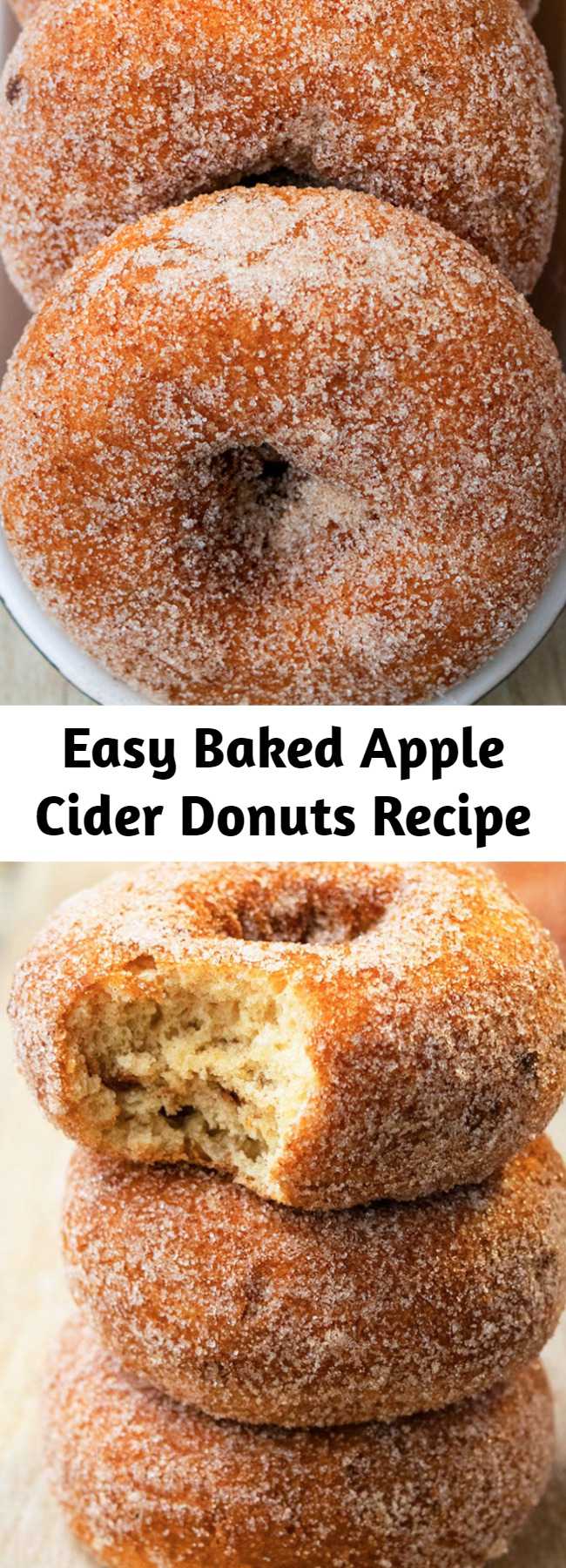 Easy Baked Apple Cider Donuts Recipe - Easy, old fashioned, baked donuts, homemade with simple ingredients in about 30 minutes. Coated in spiced cinnamon sugar. Soft, moist, tender and cake-like! Can also make donut holes. #donuts #apples #baking #breakfast #dessert #fall #thanksgiving