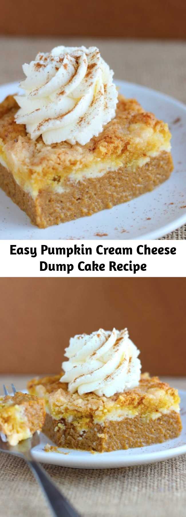 Easy Pumpkin Cream Cheese Dump Cake Recipe - BETTER and way easier than pumpkin pie! This Pumpkin Cream Cheese Dump Cake is the best way to serve pumpkin pie to a crowd!