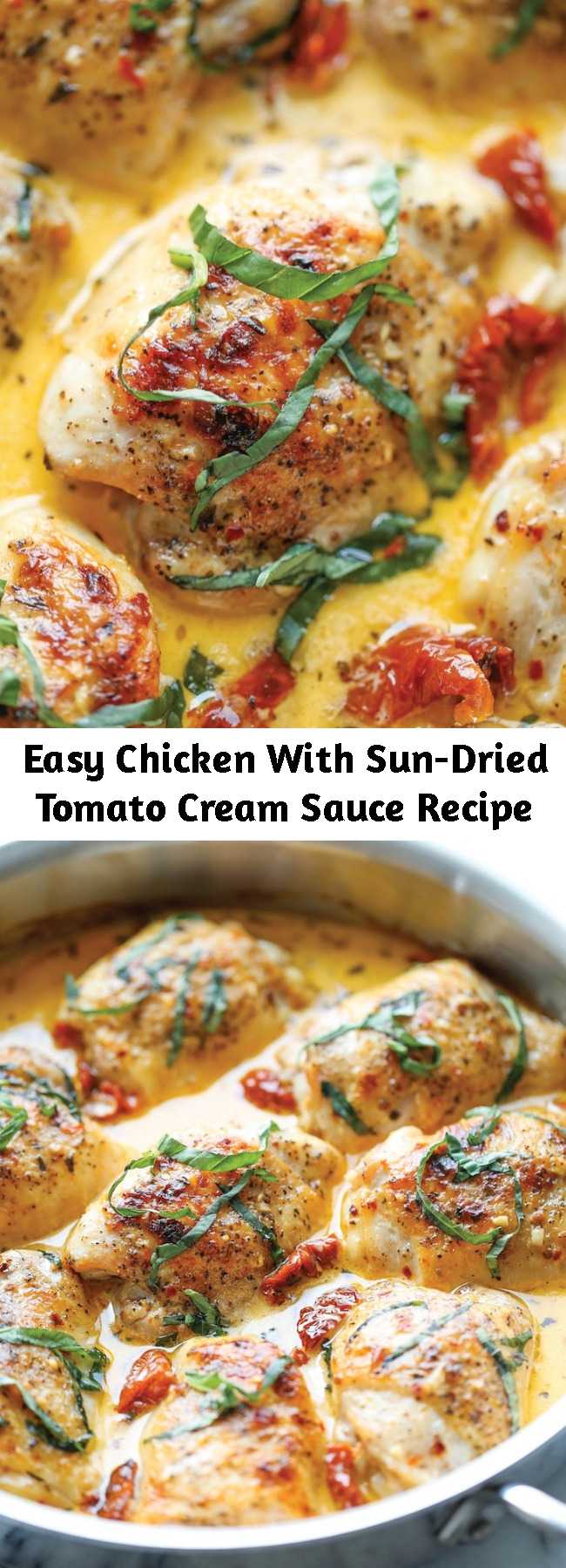 Easy Chicken With Sun-Dried Tomato Cream Sauce Recipe - Crisp-tender chicken in the most amazing cream sauce ever. It’s so good, you’ll want to guzzle down the sauce!