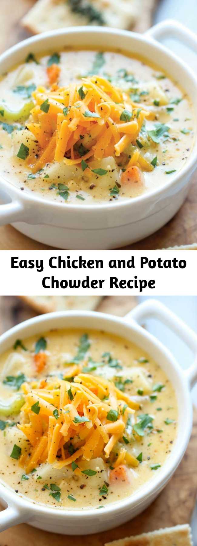 Easy Chicken and Potato Chowder Recipe - This is just like mom’s comforting chicken noodle soup, but it’s even creamier and loaded with cheesy goodness!