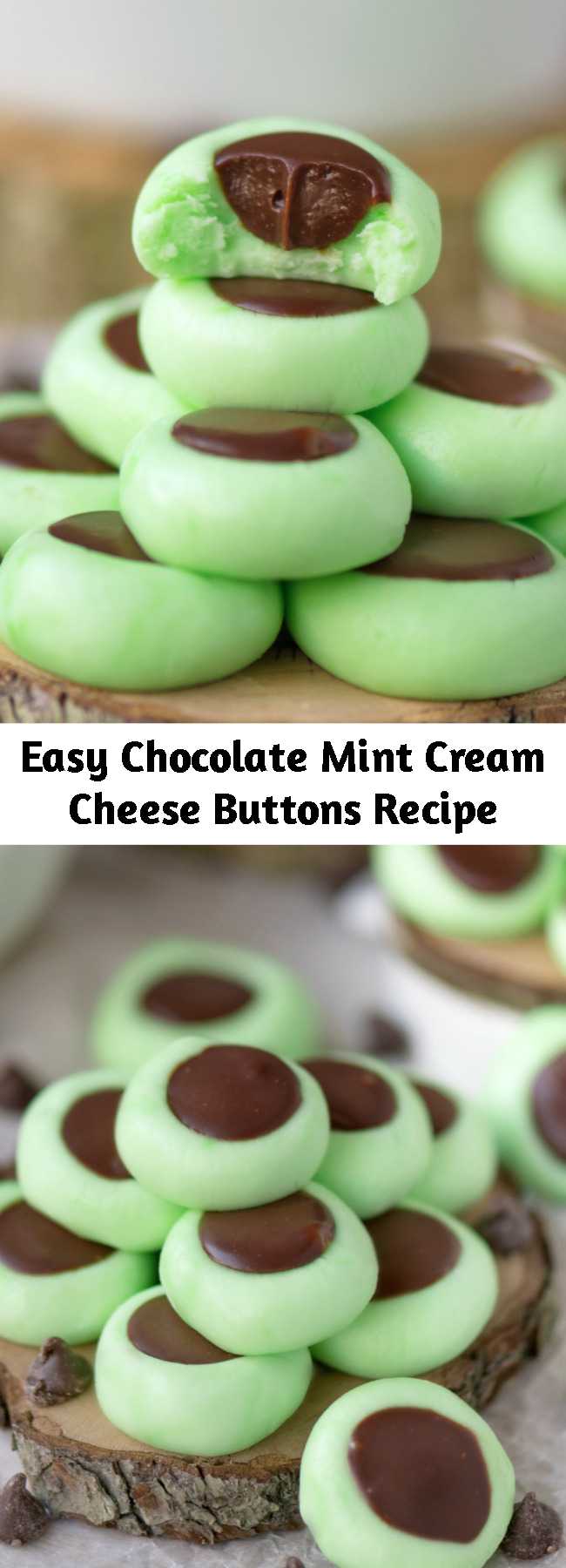 Easy Chocolate Mint Cream Cheese Buttons Recipe - These Chocolate Mint Cream Cheese Buttons are perfect for all occasions! Lovely mint flavored cream cheese mints filled with a decadent chocolate ganache. Guaranteed to be a hit with your chocolate and mint loving friends and family! #chocolate #mint #candy #dessert #recipe #Christmas #StPatricksDay
