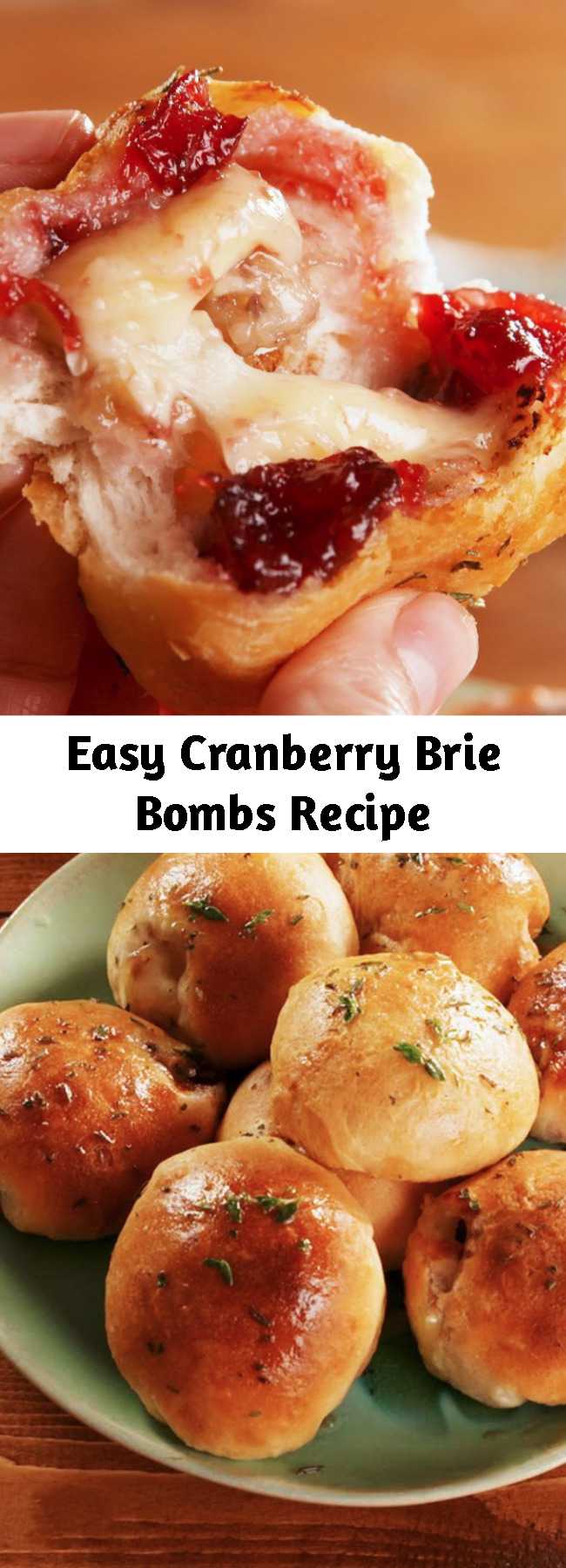 Easy Cranberry Brie Bombs Recipe - This easy appetizer is perfect for your holiday party. It's just another reason why we love biscuit dough! Stuffing crescent roll with brie and cranberry sauce is life changing. #easy #recipe #brie #cranberry #appetizer #thanksgiving #bombs #cheese