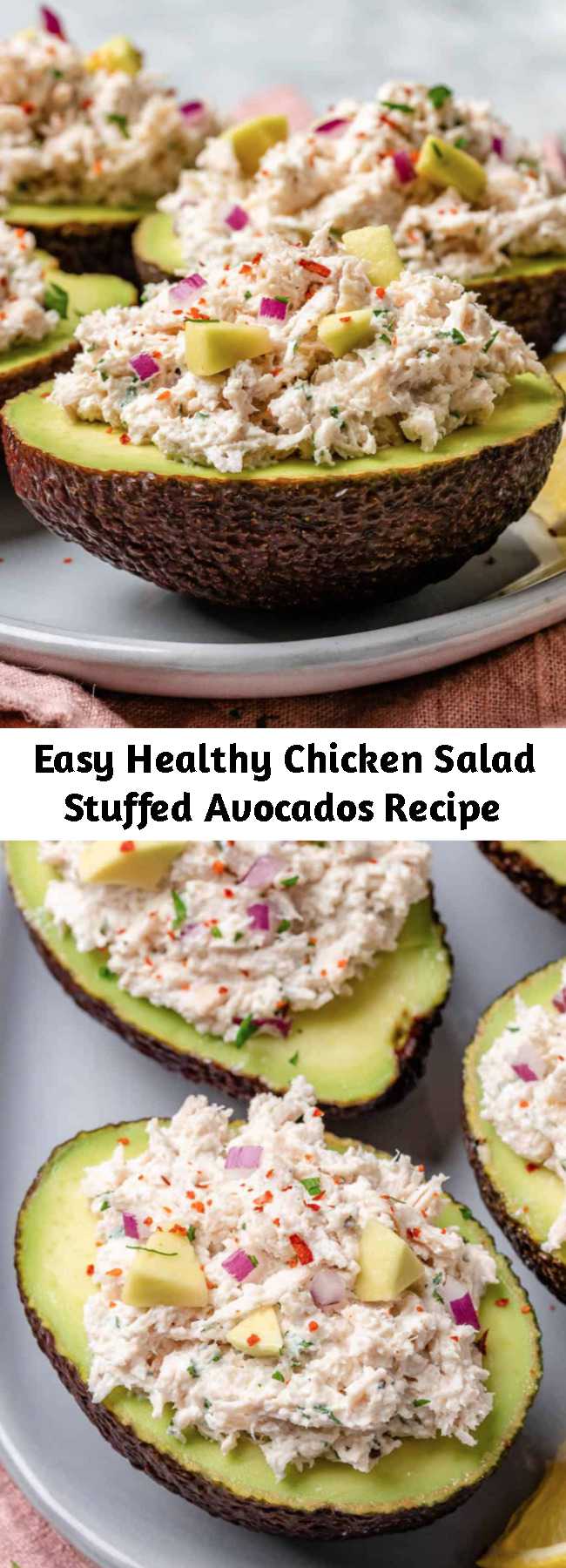 Easy Healthy Chicken Salad Stuffed Avocados Recipe - This healthy chicken salad recipe is lightened up using Greek yogurt instead of mayonnaise. So creamy, flavorful, and easy to make. A simple chicken salad recipe that can be used top over salads, made into a sandwich and stuffed in avocados.