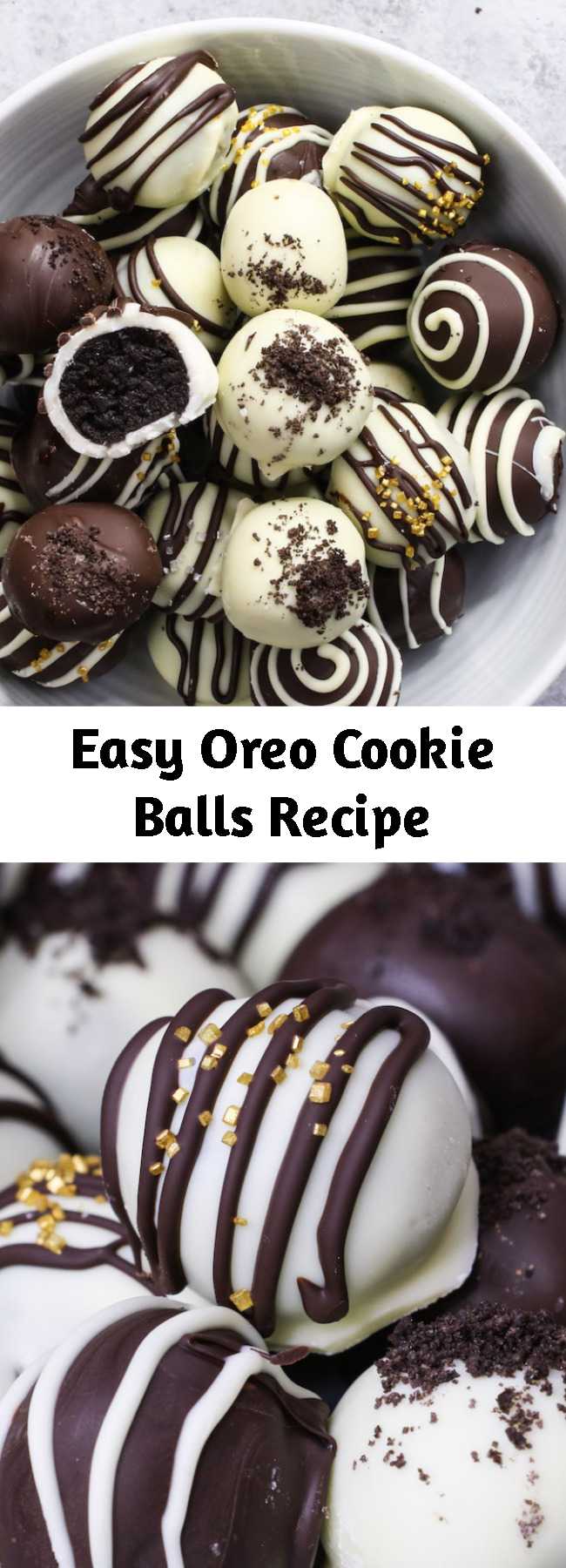 Easy Oreo Cookie Balls Recipe - Oreo Cookie Balls are a creamy and rich bite-sized no-bake treat: crushed oreo cookies are mixed with cream cheese, and then these oreo balls are coated with melted chocolate. Only 3 ingredients! They are an easy dessert for holidays such as Christmas!