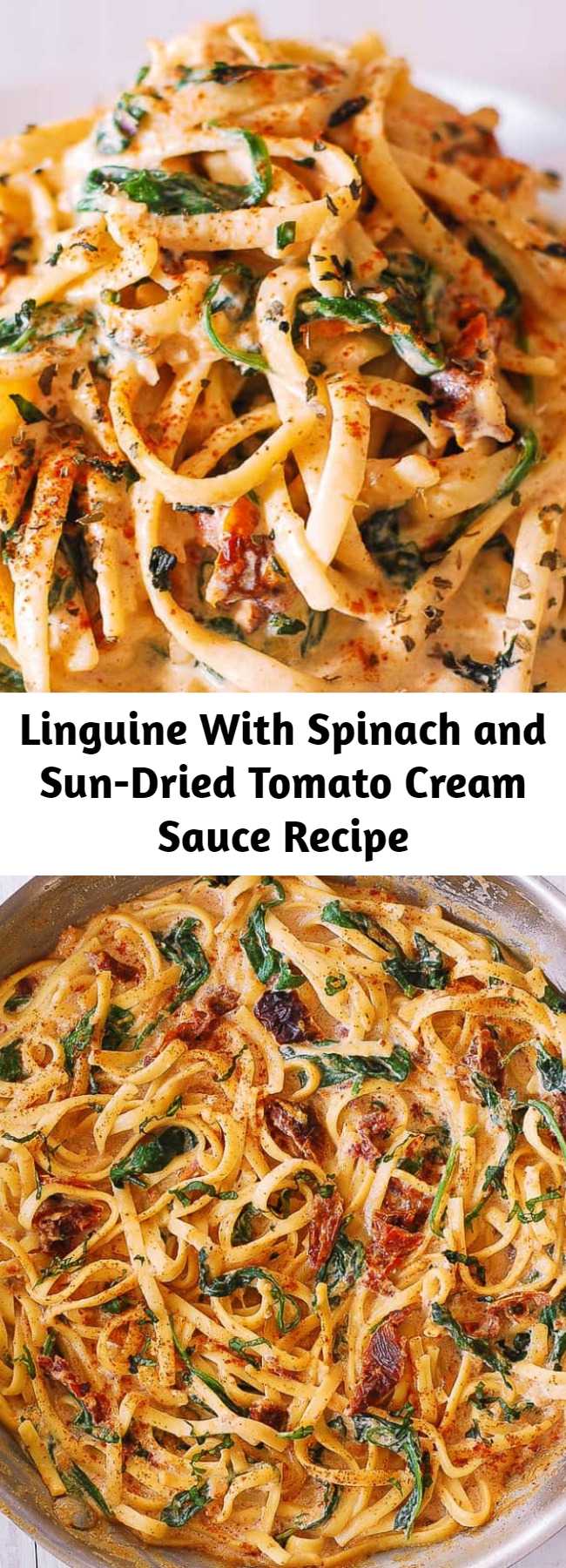 Linguine With Spinach and Sun-Dried Tomato Cream Sauce Recipe - Linguine with spinach and sun-dried tomato cream sauce takes only 30 minutes to make! This simple Italian pasta requires only ingredients! This creamy linguine is a perfect weeknight dinner! Linguine is generously coated in a comforting creamy sauce made with garlic and Parmesan cheese. #linguine #pasta #spinach #sundriedtomatoes #pastadinner #easypasta #weeknightdinner #easydinner #comfortfood #Italian #Italianpasta