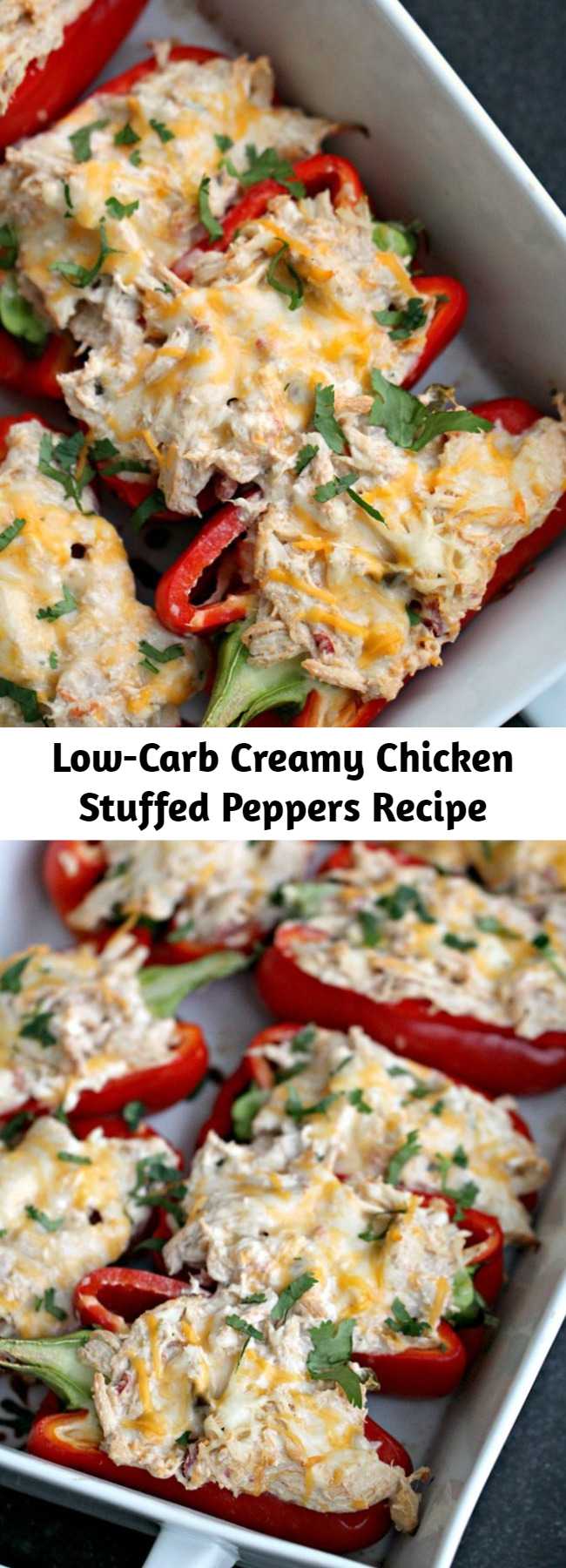 Low-Carb Creamy Chicken Stuffed Peppers Recipe - A delicious and healthy low-carb meal that’s ready in minutes. These Creamy Chicken Stuffed Peppers will soon become a favorite at your house. Made using chicken that has been cooked and shredded, light cream cheese, jalapeno, spices, and salsa and then topped with some fresh cilantro - it's low-carb dinner perfection!