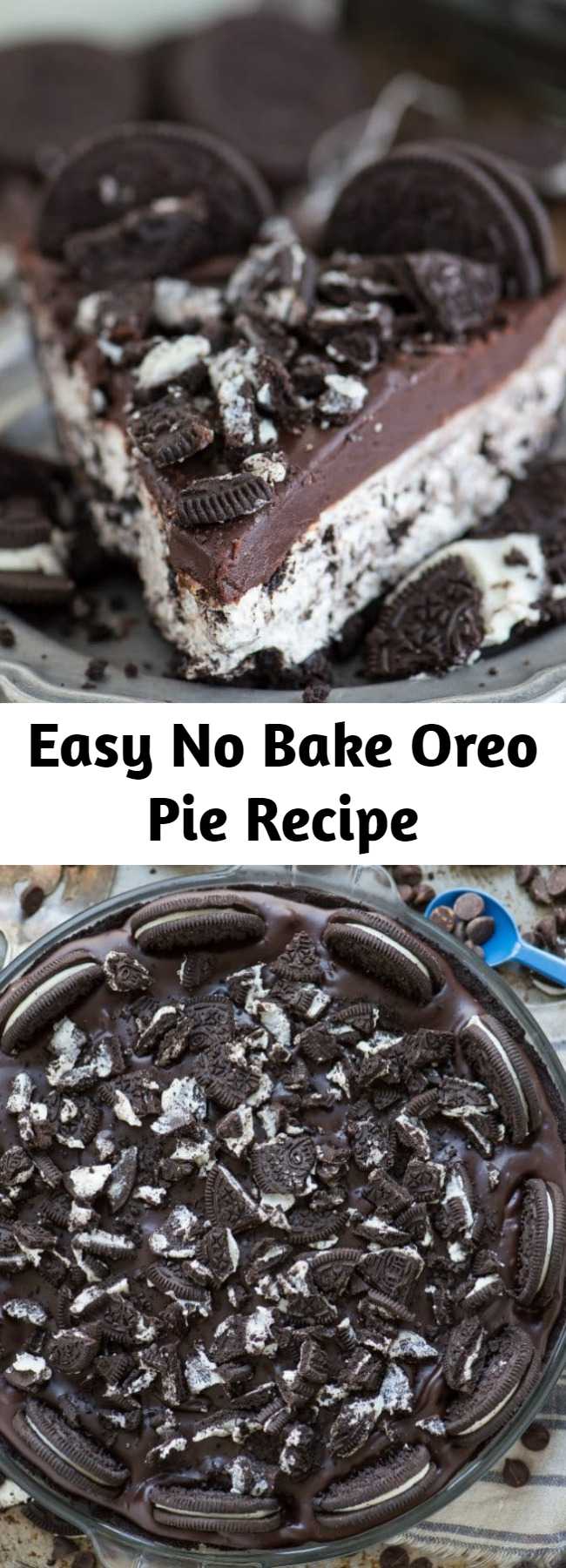 Easy No Bake Oreo Pie Recipe - The best no bake oreo pie! Oreo crust, oreo cream cheese filling, chocolate ganache topped with oreos!! The question is.. is there such a thing as too many oreos? I think not :) #oreopie #nobakeoreopie