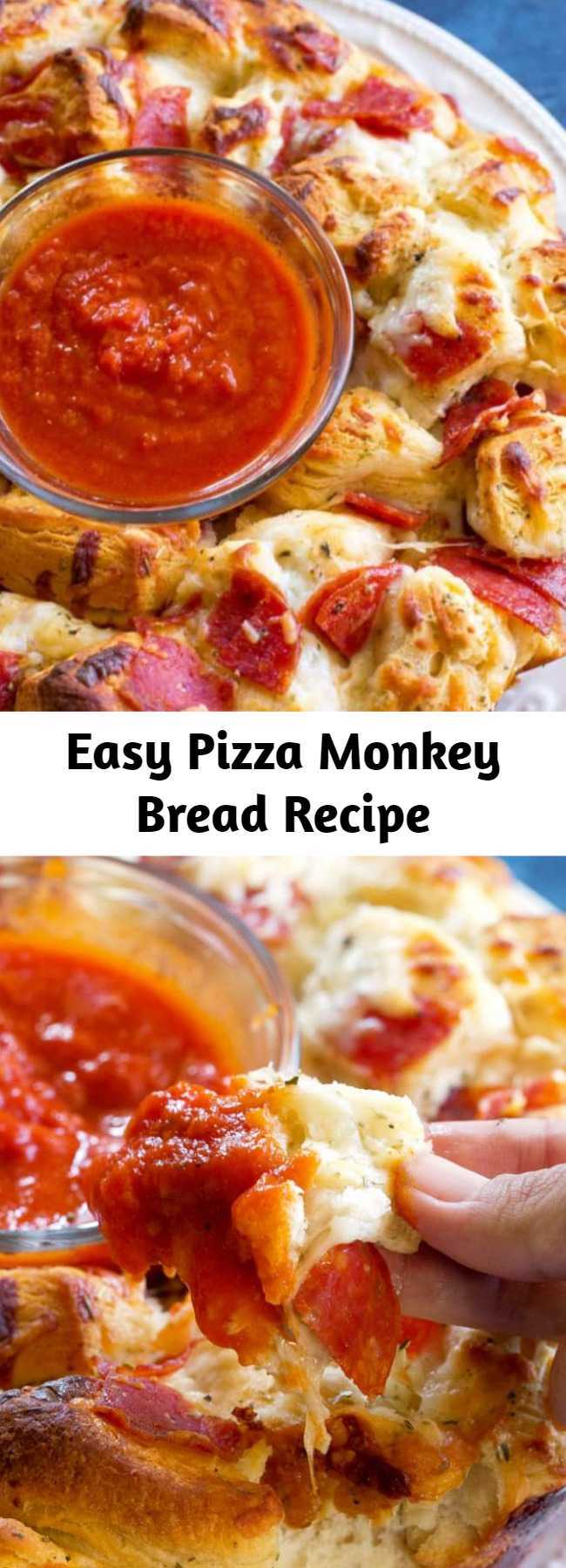 Easy Pizza Monkey Bread Recipe - Pizza Monkey Bread is an Italian appetizer stuffed with pepperoni, mozzarella cheese, and garlic all in a Bundt pan. If you love pizza, you’ll love this Pizza Monkey Bread made with biscuits and marinara sauce for dipping.