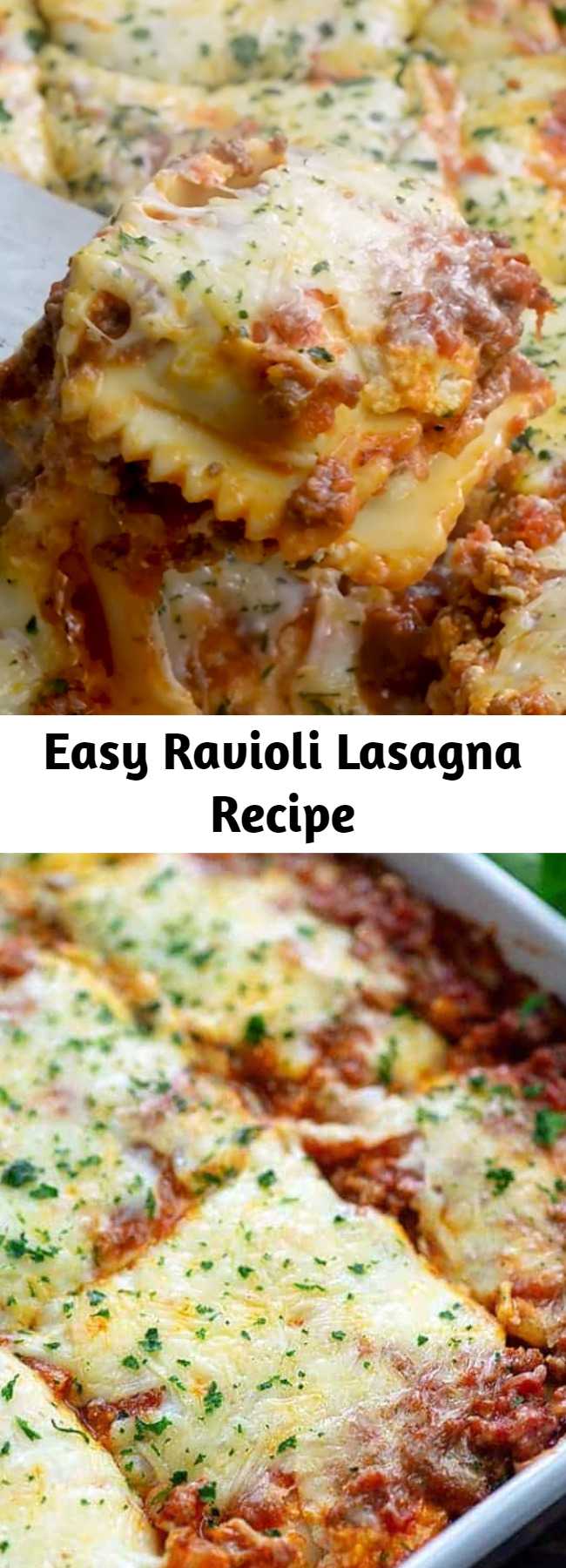 Easy Ravioli Lasagna Recipe - This easy lasagna is made with layers of frozen cheese ravioli in place of traditional lasagna noodles. You’re going to love how ooey gooey cheesy this ravioli lasagna bake is! #lasagna #casserole #recipe #easy