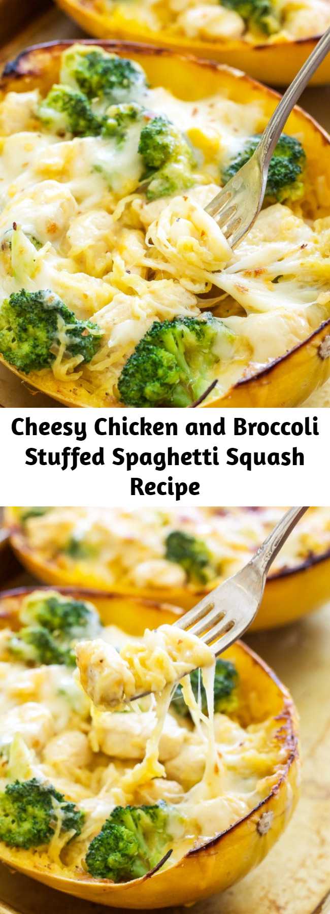Cheesy Chicken and Broccoli Stuffed Spaghetti Squash Recipe - Spaghetti Squash stuffed with a creamy, cheesy, chicken and broccoli filling and topped with more melted cheese! This Cheesy Chicken and Broccoli Stuffed Spaghetti Squash makes a great gluten free, low carb comfort food dinner!