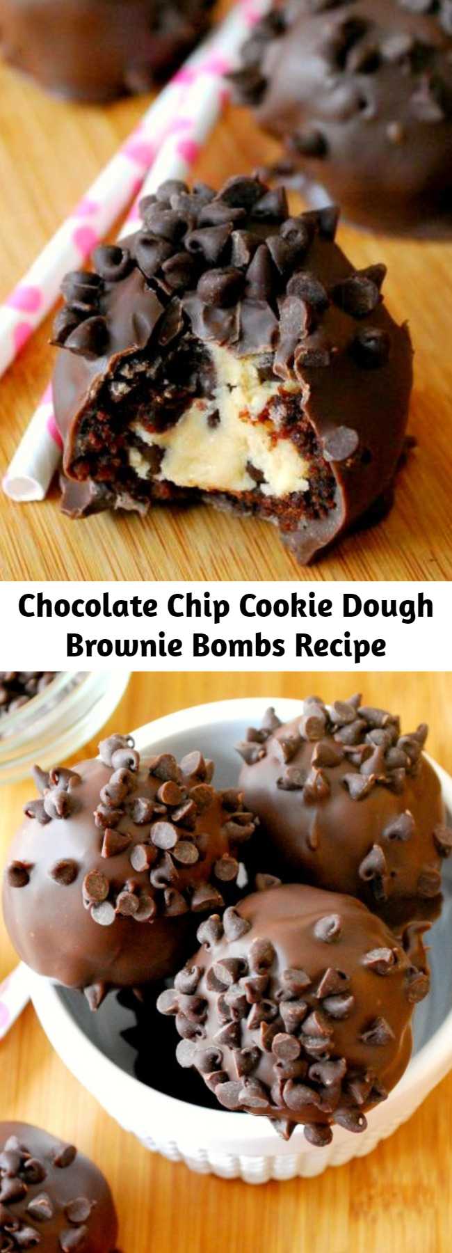 Chocolate Chip Cookie Dough Brownie Bombs Recipe - Eggless chocolate chip cookie dough is wrapped in a fudgy baked brownie, then coated in chocolate and sprinkled with chocolate chips! Positively DIVINE! #browniebombs #brownie #cookiedough