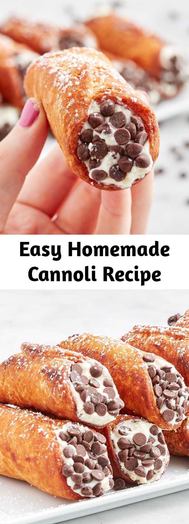 Easy Homemade Cannoli Recipe - The crispy shell and creamy sweet filling are nearly irresistible. Often times, they come with mini chocolate chips or chopped pistachios or dipped in chocolate. No matter what topping you pick, they're a MAJOR treat.
