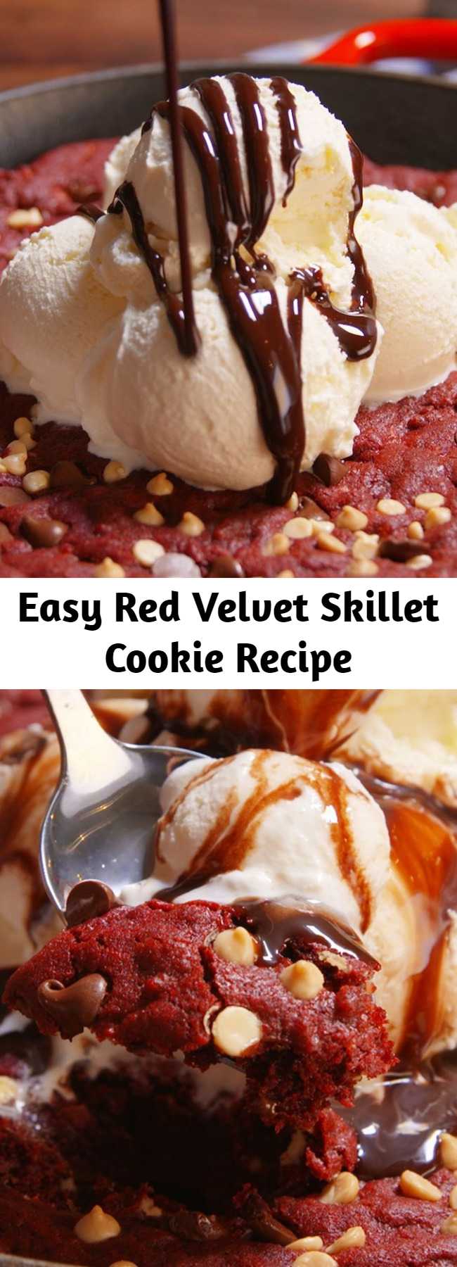 Easy Red Velvet Skillet Cookie Recipe - Looking for an easy red velvet dessert? This Red Velvet Skillet Cookie Recipe is the best. Grab a spoon and go at it.