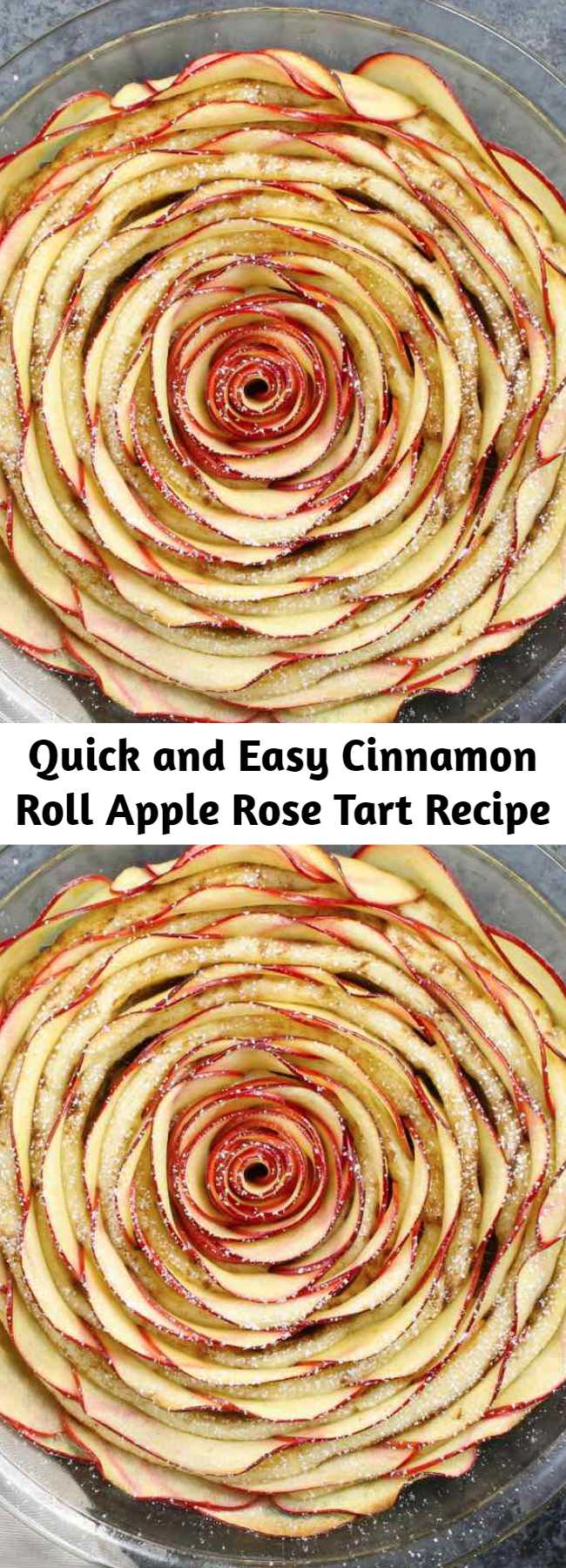 Quick and Easy Cinnamon Roll Apple Rose Tart Recipe - Wow your guests with this beautiful Cinnamon Roll Apple Rose Tart. It’s so easy to make and perfect for a party! Made with fresh apples. All you need is only 5 simple ingredients: cinnamon roll dough, red apples, lemon juice, brown sugar and butter. So beautiful! Quick and easy recipe.