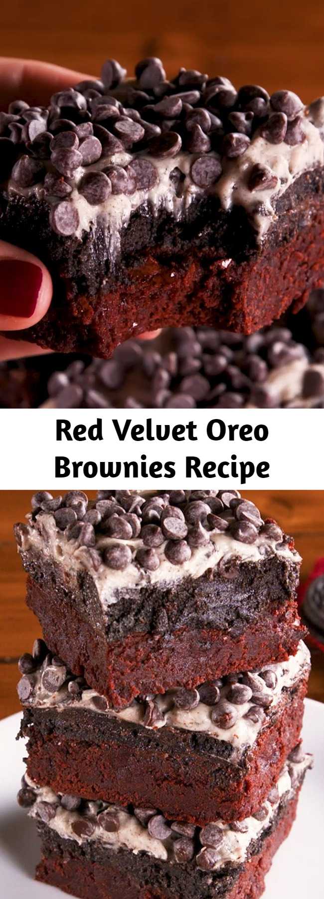 Red Velvet Oreo Brownies Recipe - Chewy red velvet brownies are topped with an Oreo truffle mixture, cream cheese frosting, and mini chocolate chips for layer after layer of decadence. It's a dream brownie that is now a reality. Oreo fans be prepared.