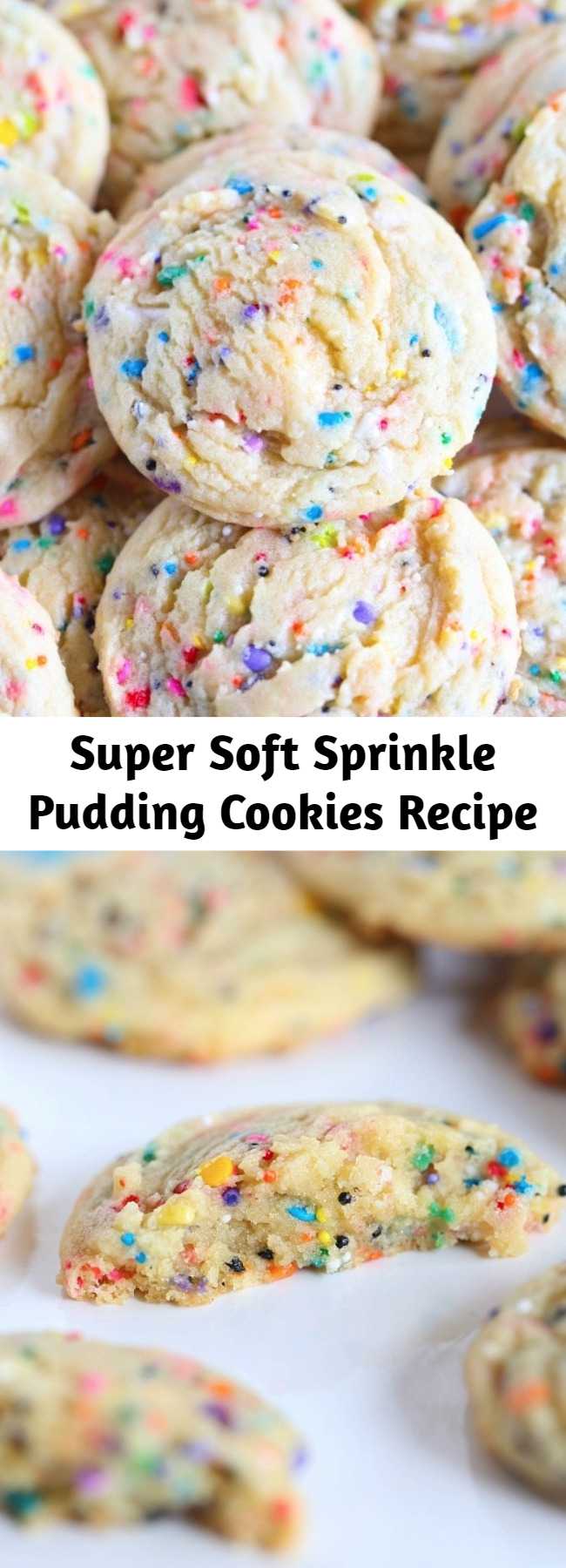 Super Soft Sprinkle Pudding Cookies Recipe - These soft sprinkle sugar cookies are made with a pudding mix! These SUPER SOFT Sprinkle Pudding cookies are so so easy and loaded with vanilla flavor! This is the best sprinkle cookie recipe to make because it’s so easy, buttery, and delicious!