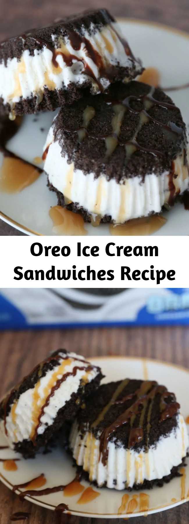 Oreo Ice Cream Sandwiches Recipe - Creamy ice cream is sandwiched between two thick layers of Oreo cookie crust in this delicious frozen dessert.