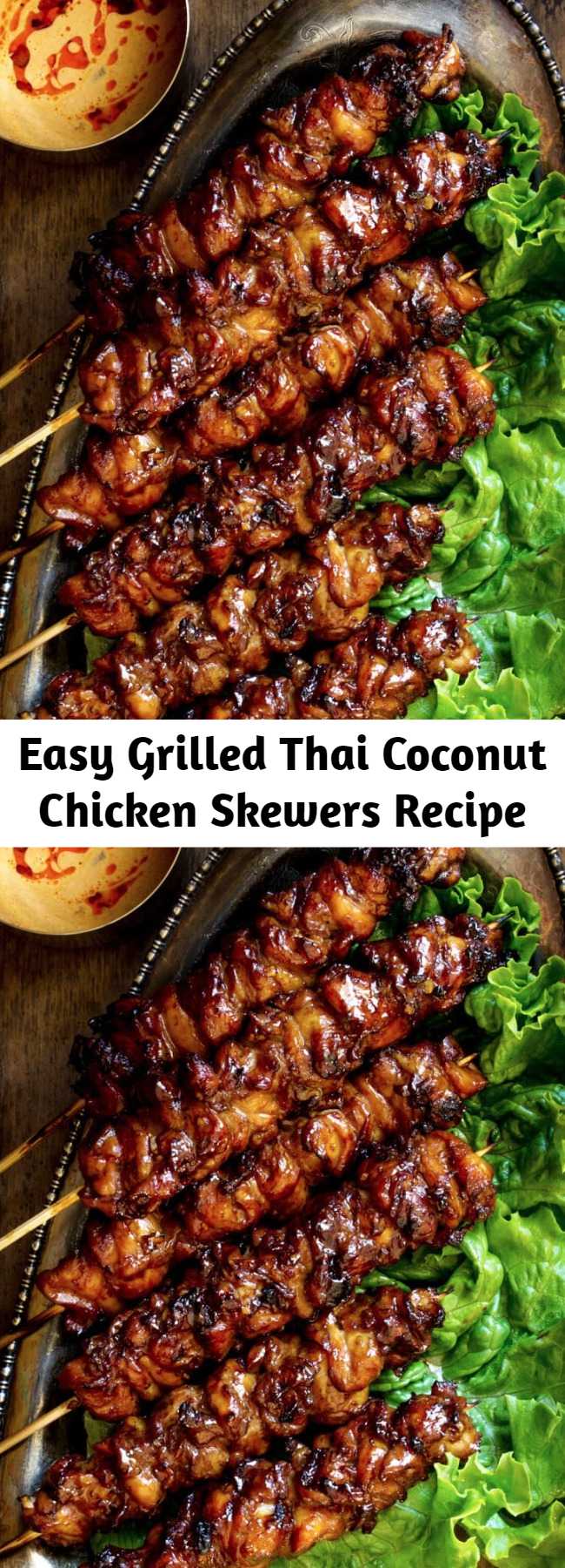 Easy Grilled Thai Coconut Chicken Skewers Recipe - Smoky grilled chicken skewers recipe, marinated in ginger, garlic, coconut cream and soy sauce. Then finished with a sweet coconut cream glaze and served with a simple peanut sauce. Big on flavor, super easy to throw together!